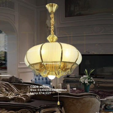 CODE: MZD22: Đèn thả chao thủy tinh - KT: Ø440mm x 250mm x H1000mm - Bóng đèn E14x4 + E27 x 1