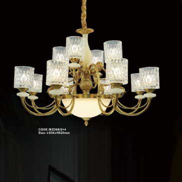 CODE: MZD08/8+4: Đèn chùm 12 tay, chao thủy tinh  - KT: Ø930mm x H620mm - Đèn LED