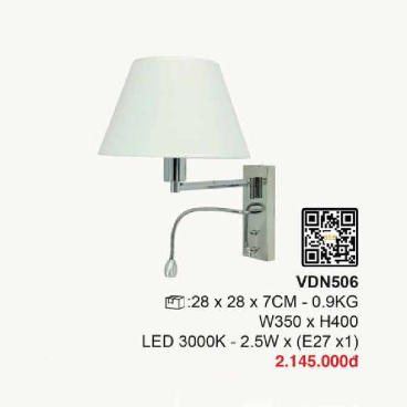 VDN506: Đèn gắn tường chao vải - KT: W350mm x H400mm - Bóng đèn E27 x 1 + Đèn LED 2.5W ánh sáng vàng