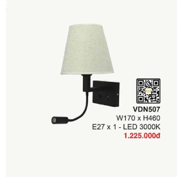 VDN507: Đèn gắn tường chao vải - KT: W170mm x H460mm - Bóng đèn E27 x 1 + Đèn LED ánh sáng vàng