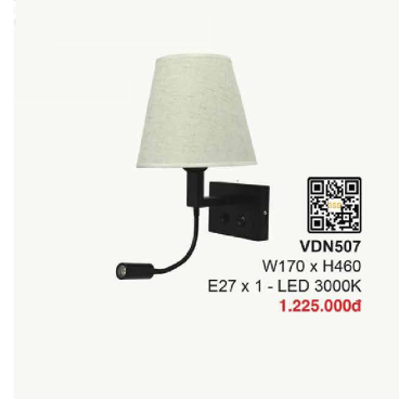 VDN507: Đèn gắn tường chao vải - KT: W170mm x H460mm - Bóng đèn E27 x 1 + Đèn LED ánh sáng vàng