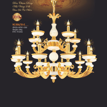 NC 006/10+5: Đèn chùm đồng chao đá 15 tay - KT: Ø920mm x H750mm +500mm - Bóng đèn E14 x 15 bóng
