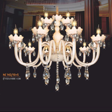 NC 142/10+5:  Đèn chùm nến 15 tay - KT: Ø950mm x H800mm + 600mm - Đèn nến chân E14 x 15 bóng