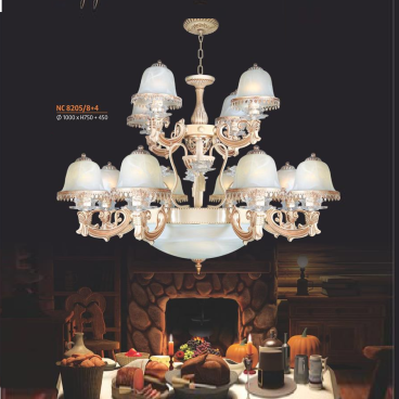 NC 8205/8+4: Đèn chùm 12 tay, chao thủy tinh - KT: Ø1000mm x H750mm + 450mm - Đèn chân E27 x 15 bóng