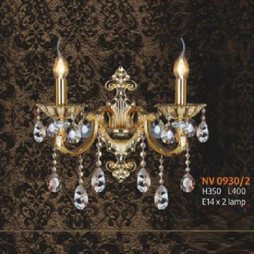 NV  0930/2: Đèn vách nến đôi chén thủy tinh - KT: L400mm x  H350mm - Đèn chân E14 x 2 bóng