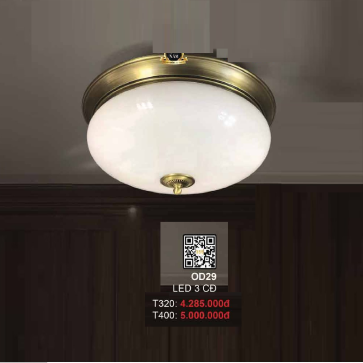 35 - OD29: Đèn ốp trần thân đồng, chao thủy tinh - KT: Ø400mm - Đèn LED đổi 3 màu