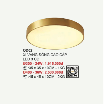 35 - OD02: Đèn ốp trần thân xi vàng đồng, chao thủy tinh - KT: Ø400mm - Đèn LED 36W đổi 3 màu