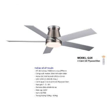 MODEL - Q28: Quạt trần đèn LED 5 cánh Gỗ Plywood