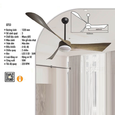 QT53: Quạt trần đèn LED 3 cánh nhựa ABS
