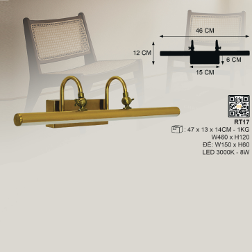 RT17: Đèn rọi tranh/gương - KT: W460mm x H120mm - Đèn LED 8W ánh sáng vàng 3000K