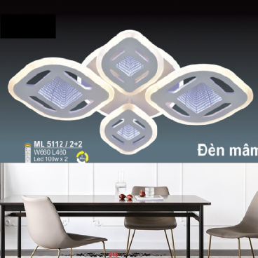 SN - ML 5112/2+2: Đèn áp trần LED, 3D 4 cánh - KT: L460mm x W660mm - Đèn LED 100w x 2 - đổi 3 màu - Remote