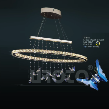 E - T-115: Đèn thả LED Phale K9 gắn ngang - KT: L1200mm x W380mm x H2000mm - Đèn LED 108W đổi 3 màu