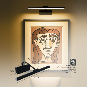 RT5936T42Đen: Đèn rọi tranh/gương- KT: W200mm x L420mm - Đèn LED 21W ánh sáng đổi 3 màu