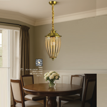 TD 41: Đèn thả đồng - KT: Ø120mm x H300mm - Bóng đèn E27 x 1 bóng