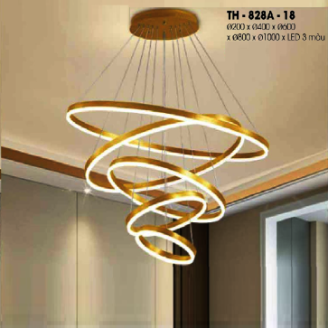 TH - 828A -18: Đèn thả 5 vòng LED xi màu vàng - KT: Ø(200+400 + 600+800+1000)mm  - Đèn LED đổi 3 màu