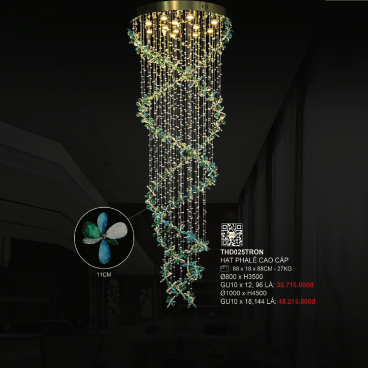 3 - THD025TRON: Đèn thả thông tầng LED Phale - KT: Ø800mm x H3500mm - Đèn LED  U 10 x 12 bóng