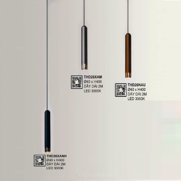 THD26: Đèn thả ống đơn LED ( màu xám/ xanh /nâu) - KT: Ø40mm x H400mm - Dây dài 2000mm - Đèn LED ánh sáng vàng 3000K