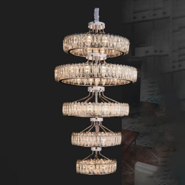 355 - TPL 2199T5: Đèn thả  5 vòng Phale K9 cao cấp - KT: Ø(800 mm +1000mm + 800mm + 600mm +500mm) x H2100mm - Đèn chân E14 x 58 bóng