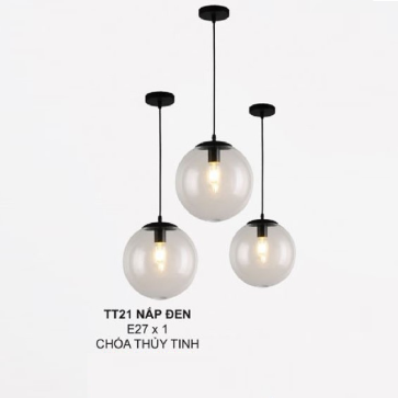TT21 NẮP ĐEN: Đèn thả đơn chao thủy tinh - KT: Ø250mm - Đèn E27 x 1 bóng