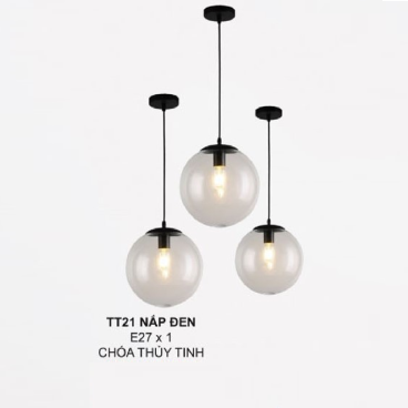 TT21 NẮP ĐEN: Đèn thả đơn chao thủy tinh - KT: Ø250mm - Đèn E27 x 1 bóng