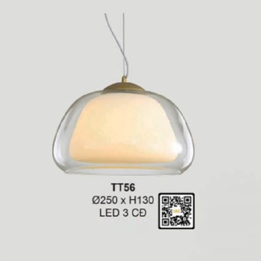 TT56: Đèn thả đơn , chao thủy tinh - KT: Ø250mm x H130mm - Đèn LED đổi 3 màu