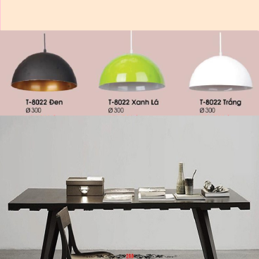 VE - T - 8022: Đèn thả đơn chao màu (Đen/ Xanh lá/ Trắng) - KT: Ø300mm - Bóng đèn E27 x 1
