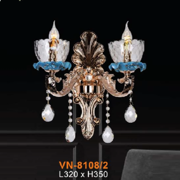 VE - VN - 8108/2: Đèn vách nến đôi, chao thủy tinh - KT: L320mm x H350mm - Đèn E14 x 2 bóng