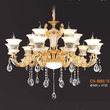 VE - CN - 8803/15: Đèn chùm nến 15 tay - KT: Ø980mm x H700mm - Đèn nến chân E14 x 15 bóng + Đèn LED
