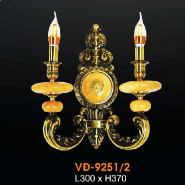 VE - VĐ -  9251/2: Đèn vách đồng đôi, chén đá - KT: L300mm x H370mm - Đèn chân E14 x 2 bóng