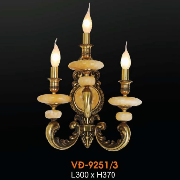 VE - VĐ -  9251/3: Đèn vách đồng ba bóng, chén đá - KT: L300mm x H370mm - Đèn chân E14 x 3 bóng