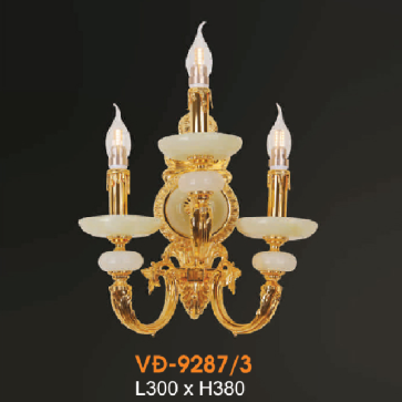 VE - VĐ - 9287/3: Đèn vách đồng ba bóng, chén đá - KT: L300mm x H380mm - Đèn chân E14 x 3 bóng