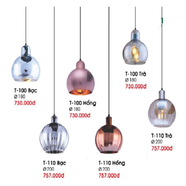 VE - T-100 : Đèn thả đơn, chao thủy tinh màu ( Bạc/Hồng /Trà) - KT: 180mm - Bóng đèn E27 x 1