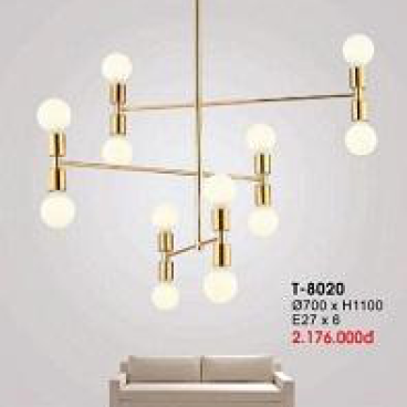 VE - T - 8020 vàng: Đèn chùm 12 bóng , KT: Ø700mm*H1100mm, đèn chân E27*12 bóng tính riêng