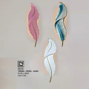 35 - VK118: Đèn gắn tường LED ( Chao chiếc lá màu Trắng/Hồng/Xanh) - KT: W180mm x H650mm - Đèn LED đổi 3 màu