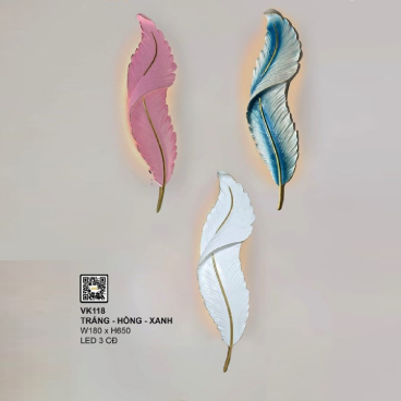 35 - VK118: Đèn gắn tường LED ( Chao chiếc lá màu Trắng/Hồng/Xanh) - KT: W180mm x H650mm - Đèn LED đổi 3 màu